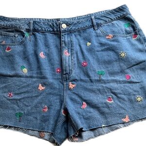 Forever 21 Blue Summer Themed Embroidered Jean Shorts Size 18 Women's